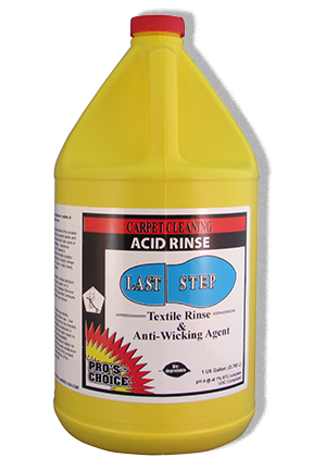LAST STEP  Description:  Last Step is a rinsing and conditioning agent.  Use Last Step when you want a soft, lustrous, pH balanced carpet.  Last Steps drying agents reduce drying time. Anti re-soiling agents reduce re-soiling.  Anti foam agents keep your recovery system functioning at peak efficiency.