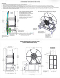 Technical specification and dimension sheet for the Legend Brands Modular Hose Reel System, showing multiple line drawings, cross-sections, and overall dimensions with labeled measurements in inches.